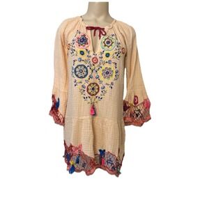 Anjuna Mini Dress Cotton Peach Extra‎ Small Embroidered Crochet Tassel Italy